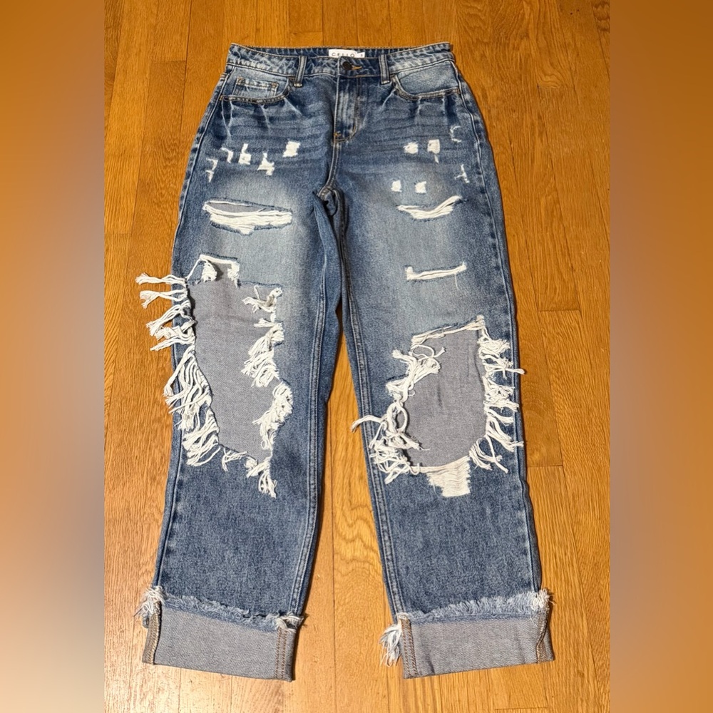 Cello Women's Distressed Boyfriend Jeans in Blue Wash